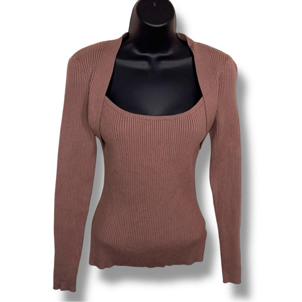 Medium Lillusory Beige Ribbed Knit Top Long Sleeve Neutral Stretch